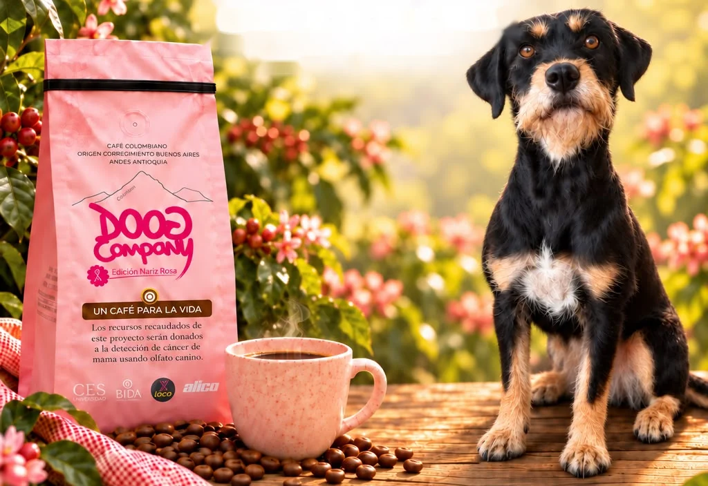 Empaque del Café DOOG Edición Nariz Rosa junto a una taza de café y a Tuty, una perra de Nariz Rosa, entre cafetales en flor